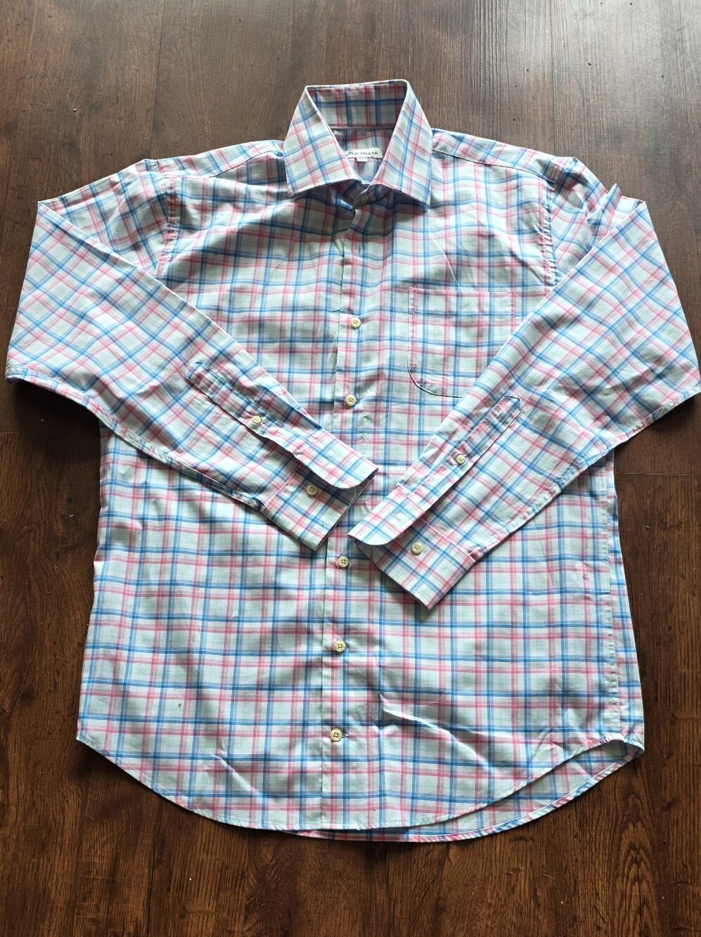 Peter Millar Blue, Pink & White Plaid Long-Sleeve Dress Shirt